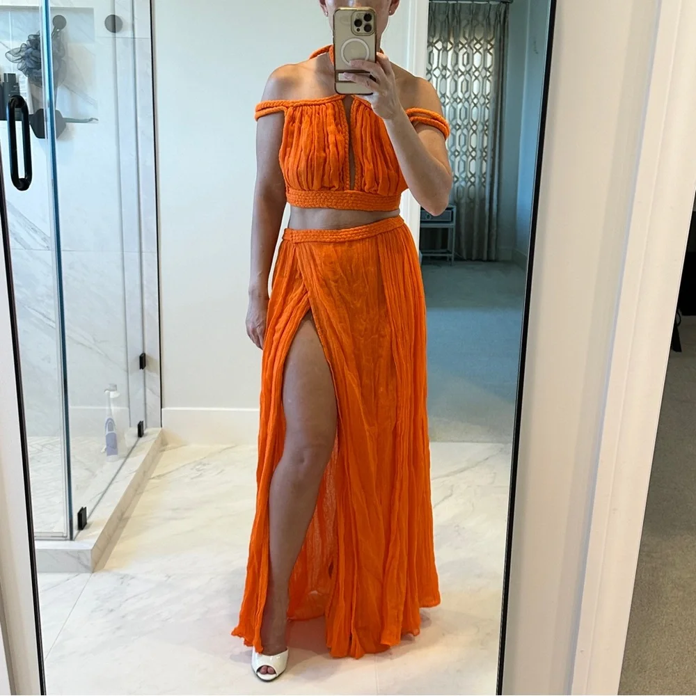 Chic le frique Orange Off-Shoulder Maxi Skirt Set size xs - Picture 3 of 7